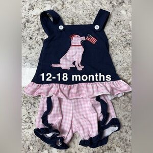 12-18m baby girl American flag 2 piece short set outfit, pink and white, navy